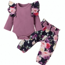 Bebis Flicka Botaniska Blommiga Tryck Volang Romper & Rosett Byxor Set