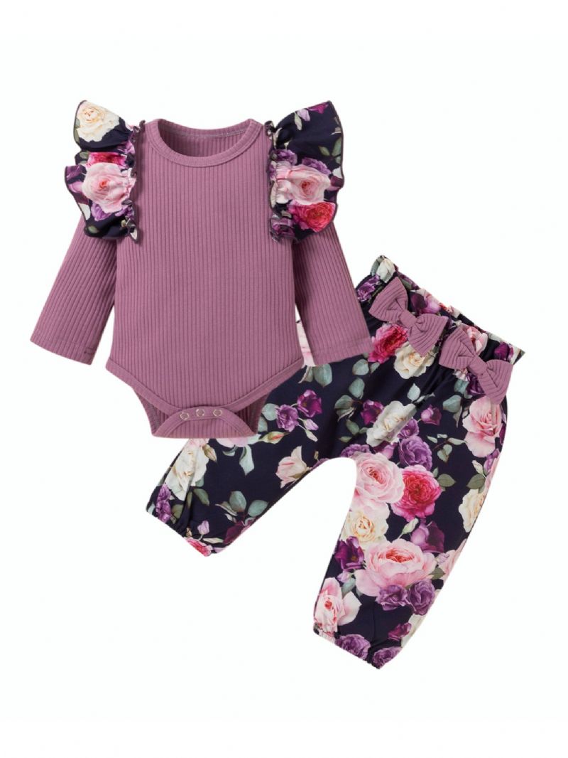 Bebis Flicka Botaniska Blommiga Tryck Volang Romper & Rosett Byxor Set