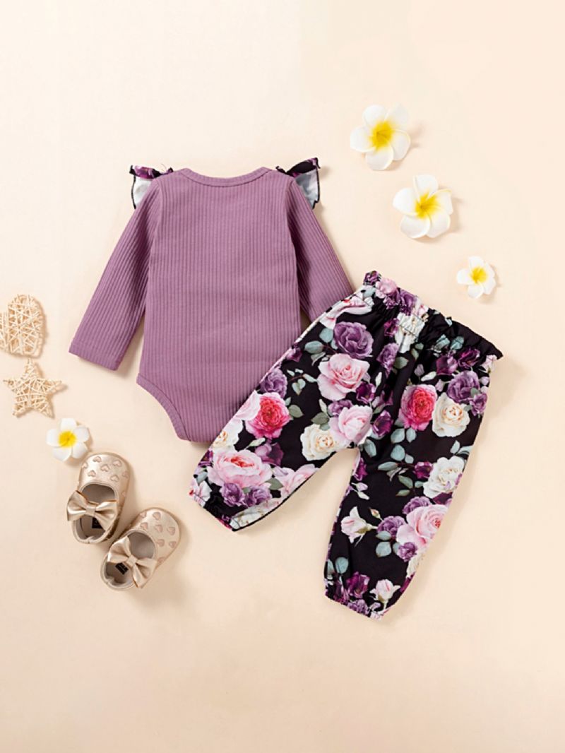 Bebis Flicka Botaniska Blommiga Tryck Volang Romper & Rosett Byxor Set