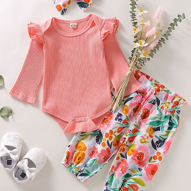 Bebis Flickor Blommönster Onesie & Byxor & Pannband Set