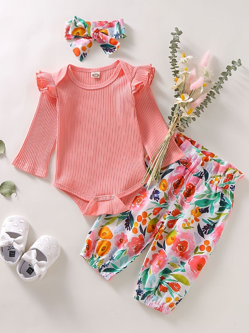 Bebis Flickor Blommönster Onesie & Byxor & Pannband Set