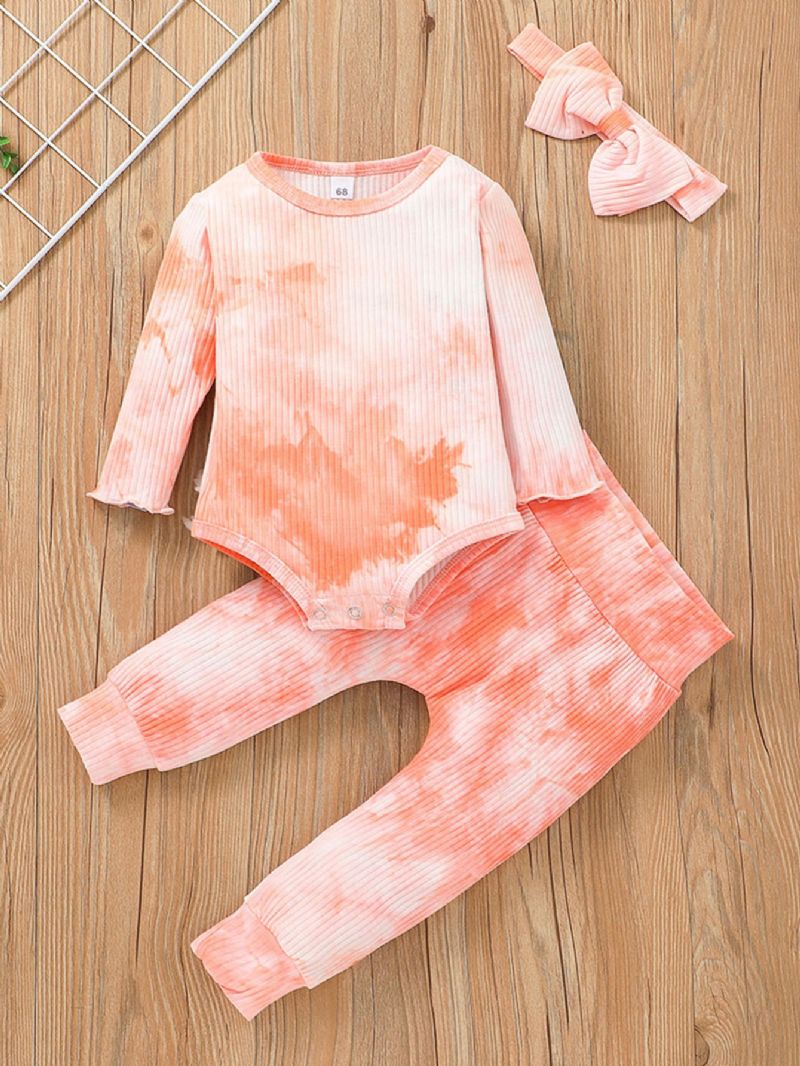 Bebis Flickor Bodysuit Med Blandad Färg & Matchande Byxor & Rosett Pannband Set Newborn Set