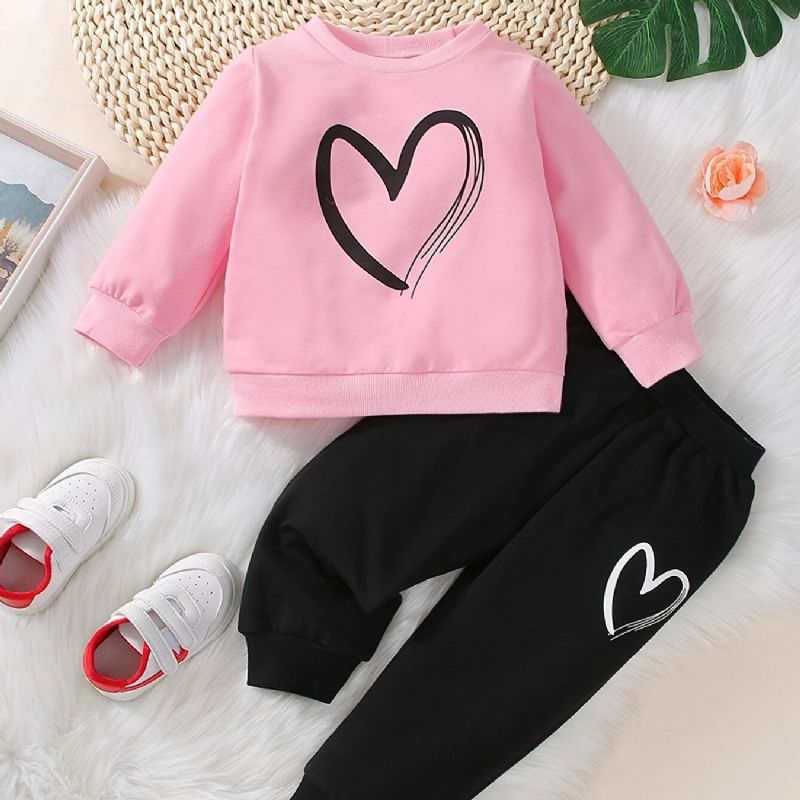 Bebis Flickor Casual Active Set Med Rosa Hjärta Print Pullover Sweatshirt & Sweatpants Set