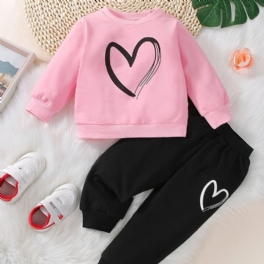 Bebis Flickor Casual Active Set Med Rosa Hjärta Print Pullover Sweatshirt & Sweatpants Set