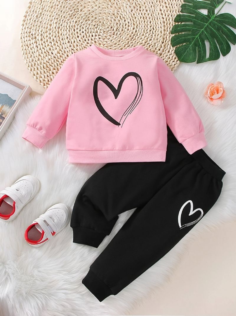 Bebis Flickor Casual Active Set Med Rosa Hjärta Print Pullover Sweatshirt & Sweatpants Set