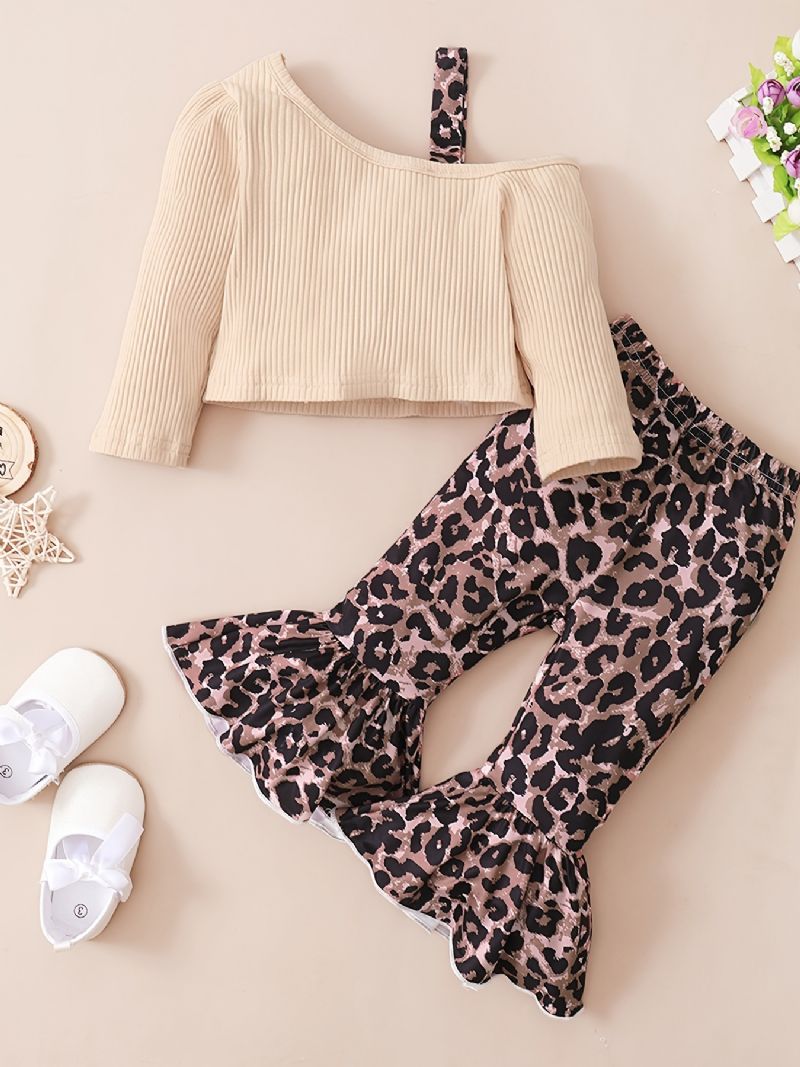 Bebis Flickor Casual Ribbed Halv Suspender Top & Utsvängda Byxor Med Leopard Print Set