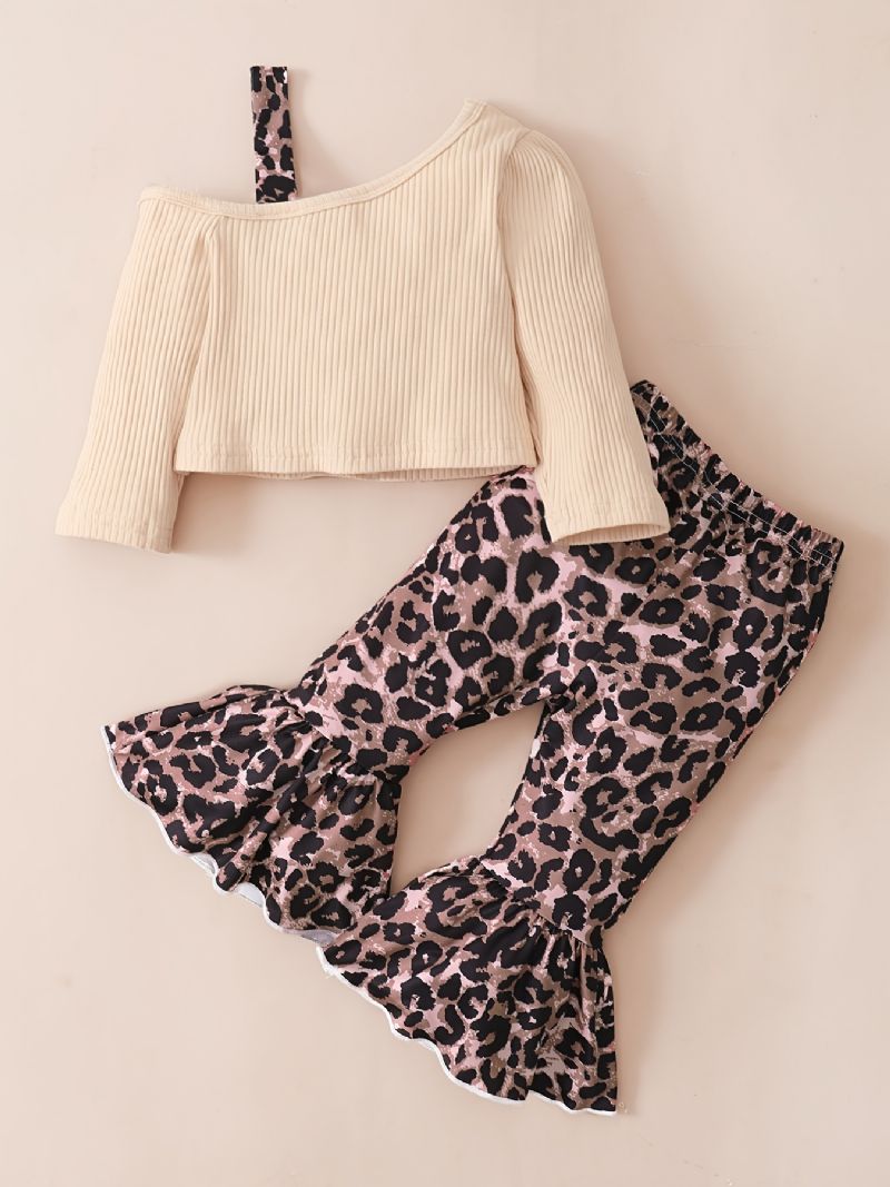 Bebis Flickor Casual Ribbed Halv Suspender Top & Utsvängda Byxor Med Leopard Print Set