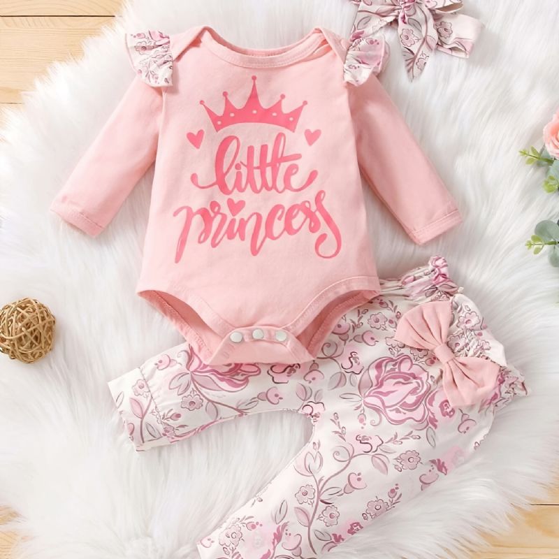 Bebis Flickor Casual Romper Set Med Little Princess Print & Rosett Blommiga Byxor & Pannband