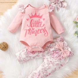 Bebis Flickor Casual Romper Set Med Little Princess Print & Rosett Blommiga Byxor & Pannband