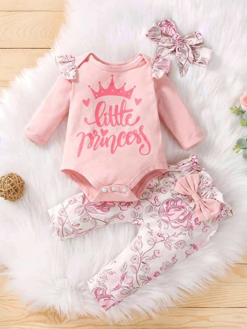 Bebis Flickor Casual Romper Set Med Little Princess Print & Rosett Blommiga Byxor & Pannband