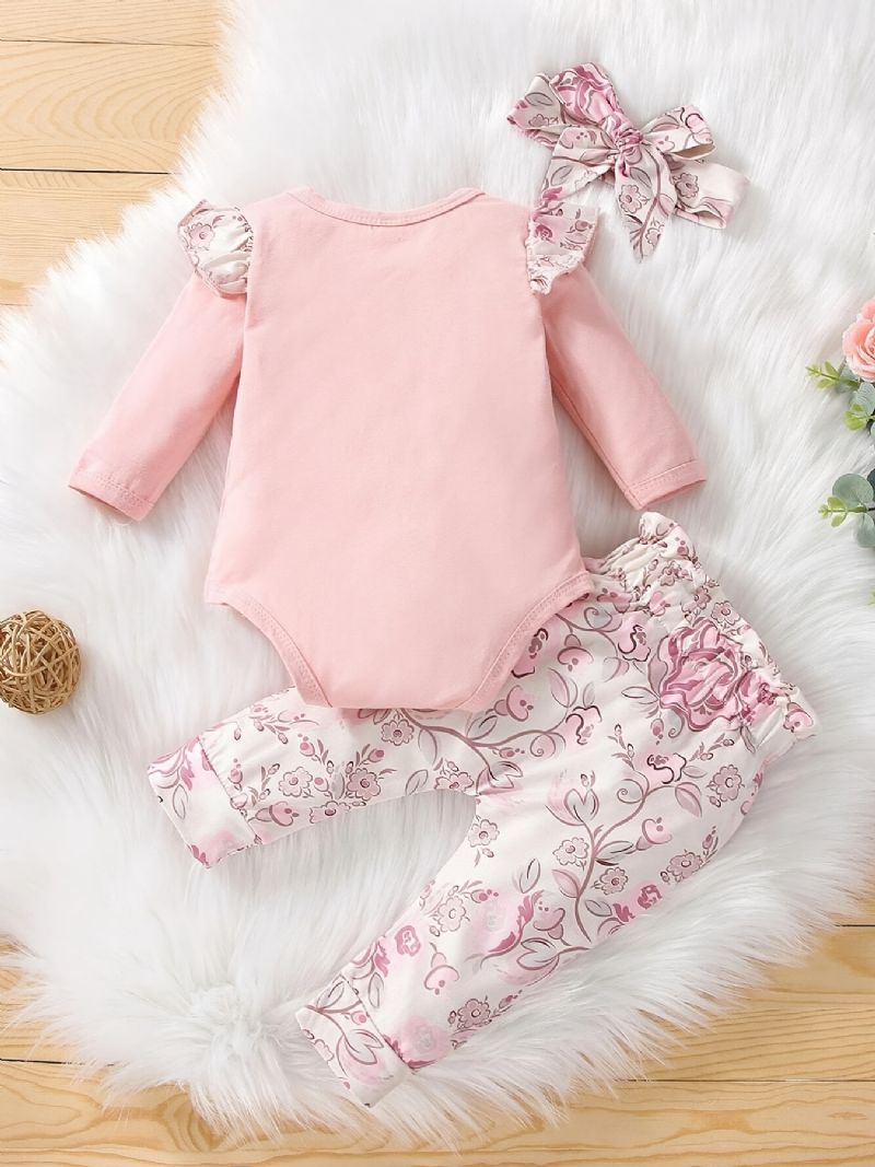 Bebis Flickor Casual Romper Set Med Little Princess Print & Rosett Blommiga Byxor & Pannband