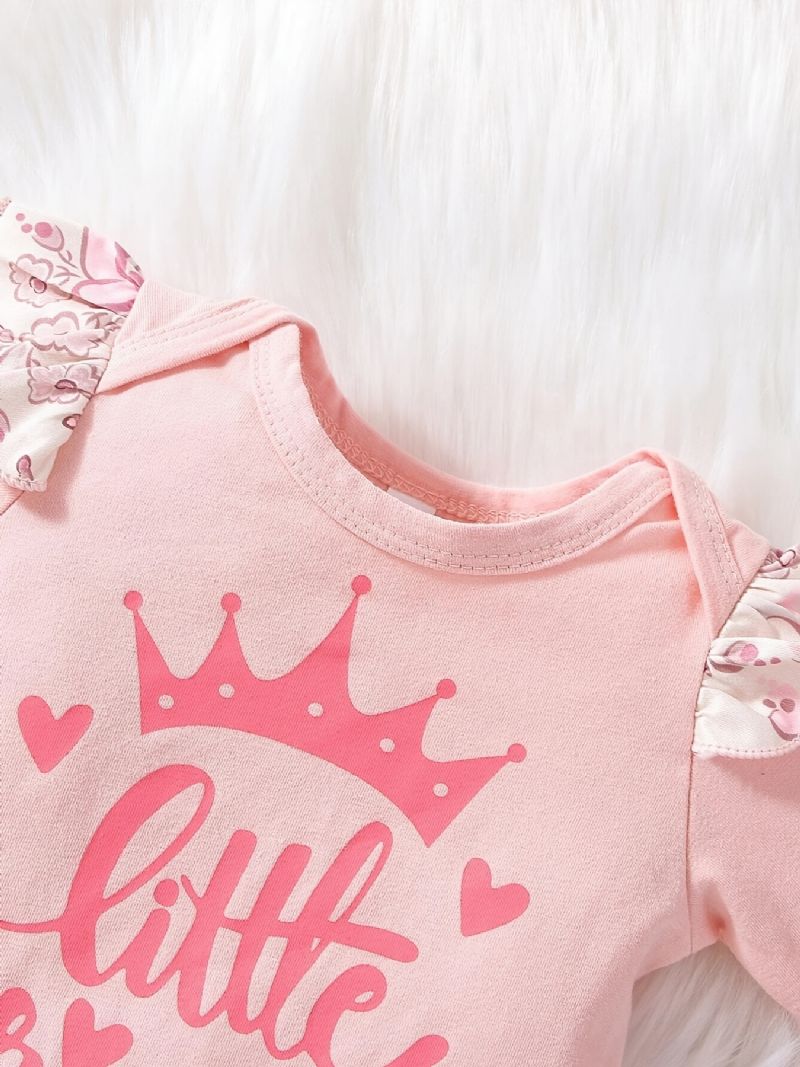 Bebis Flickor Casual Romper Set Med Little Princess Print & Rosett Blommiga Byxor & Pannband