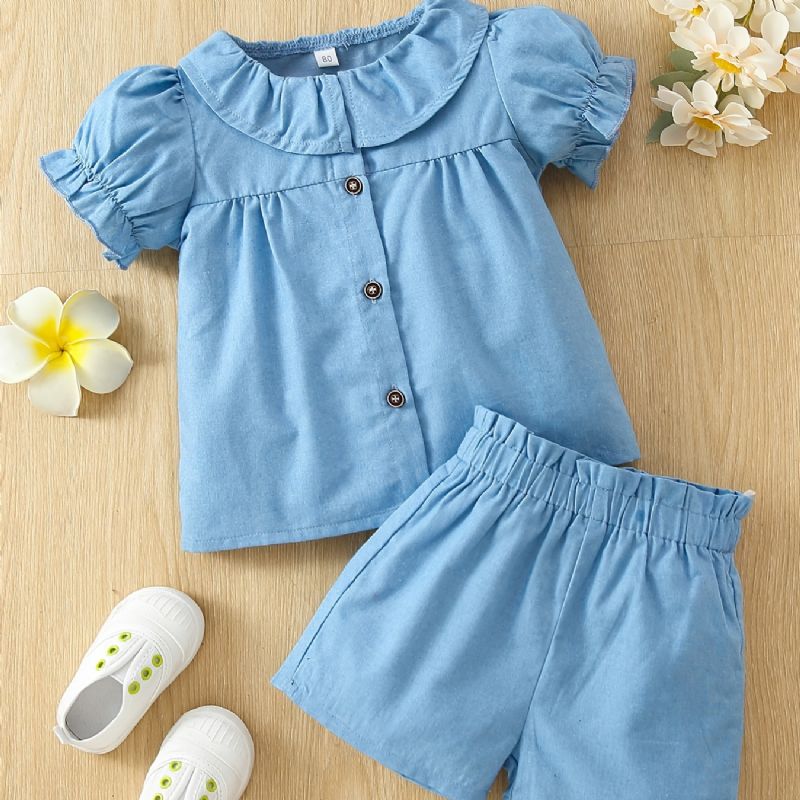 Bebis Flickor Casual Ruffled Puff Sleeve Top & Resår Midja Shorts Set