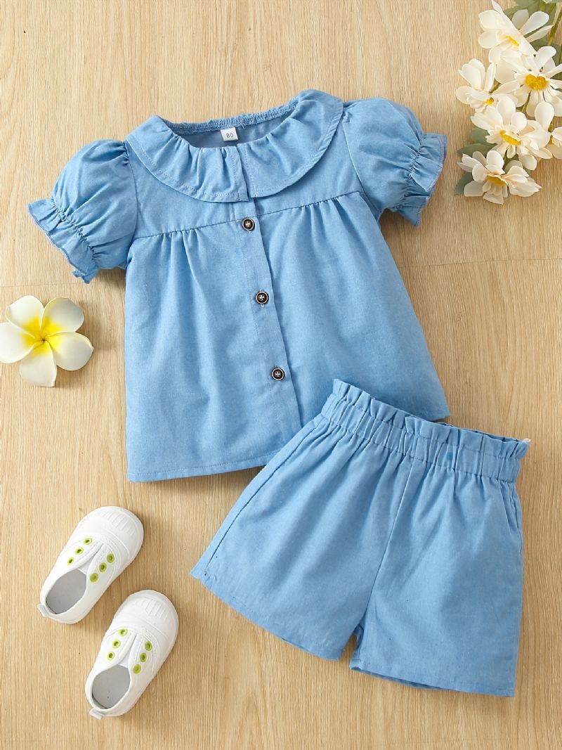 Bebis Flickor Casual Ruffled Puff Sleeve Top & Resår Midja Shorts Set