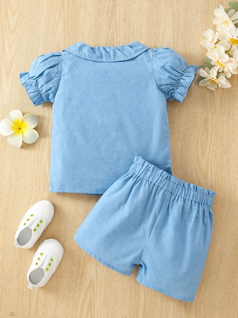 Bebis Flickor Casual Ruffled Puff Sleeve Top & Resår Midja Shorts Set