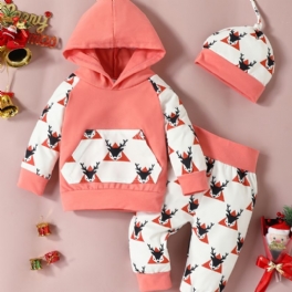 Bebis Flickor Christmas Långärmad Set Hood Sweatshirt Byxor Hatt Set