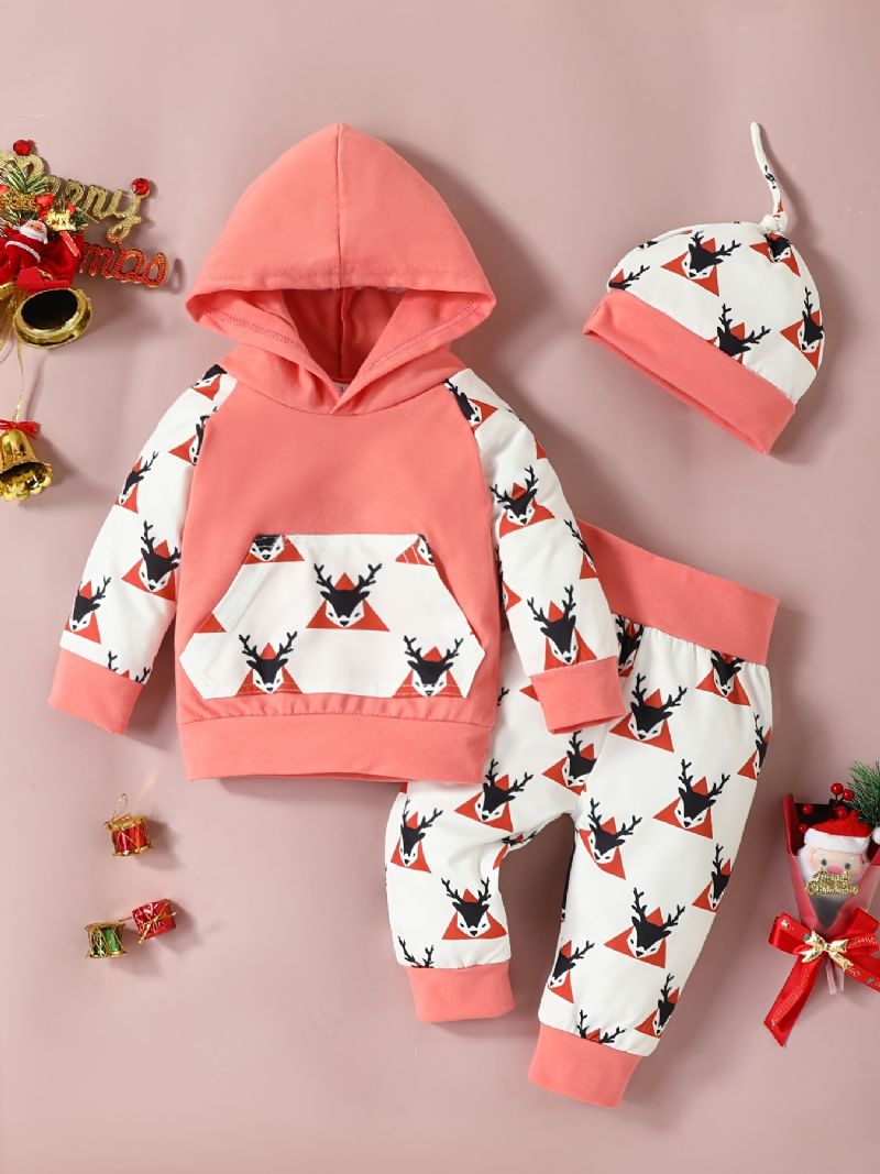 Bebis Flickor Christmas Långärmad Set Hood Sweatshirt Byxor Hatt Set