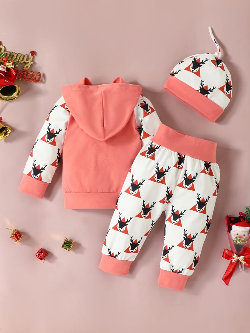 Bebis Flickor Christmas Långärmad Set Hood Sweatshirt Byxor Hatt Set