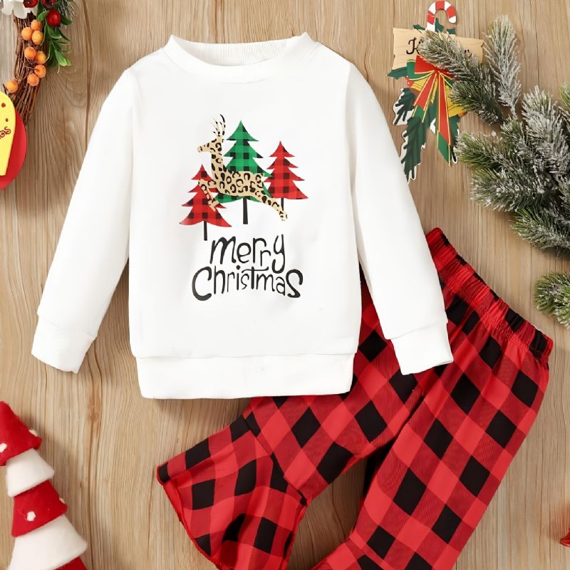 Bebis Flickor Christmas Print Outfit Långärmad Sweatshirt Rutiga Byxor Set För Vintern