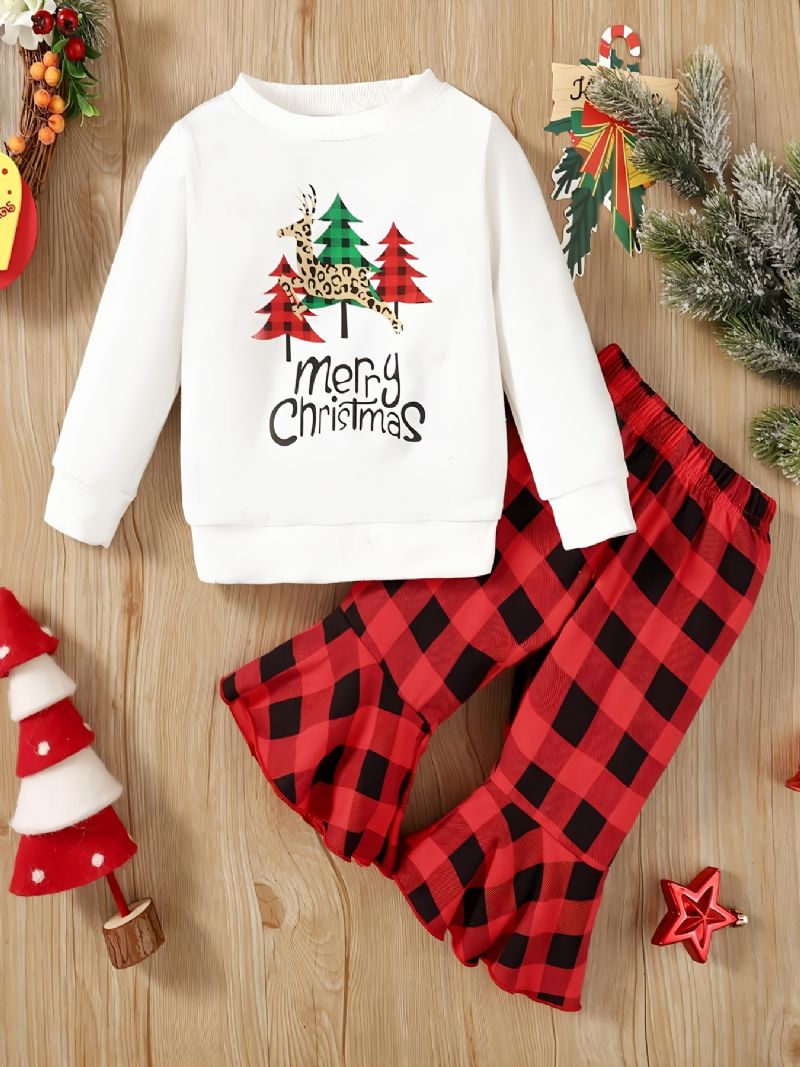 Bebis Flickor Christmas Print Outfit Långärmad Sweatshirt Rutiga Byxor Set För Vintern