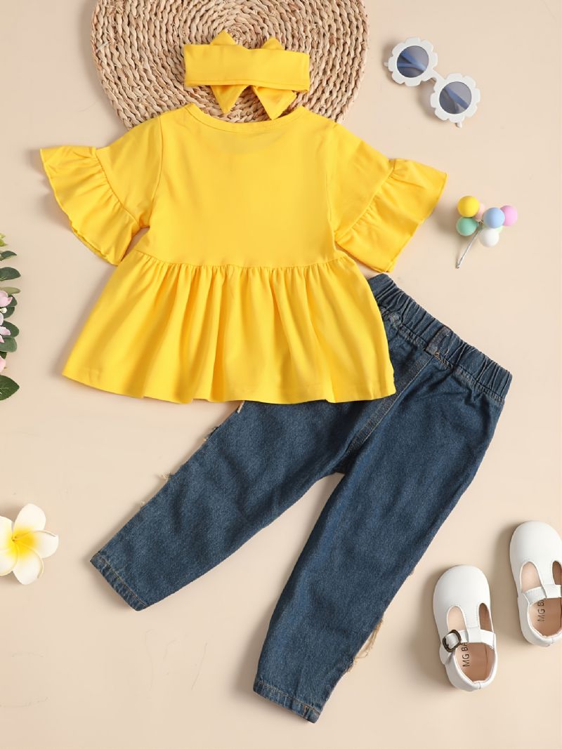 Bebis Flickor Flare Sleeve Top & Sunflower Print Rippade Jeans & Rosett Pannband Barnkläder