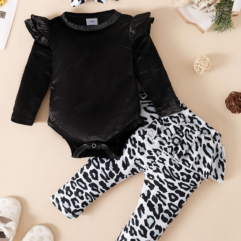 Bebis Flickor Fleece Onesie Romper Leopard Print Byxor Set För Höst / Vinter