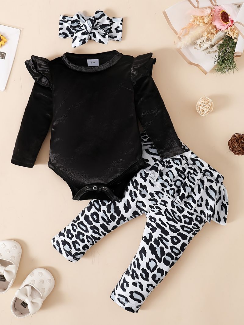 Bebis Flickor Fleece Onesie Romper Leopard Print Byxor Set För Höst / Vinter