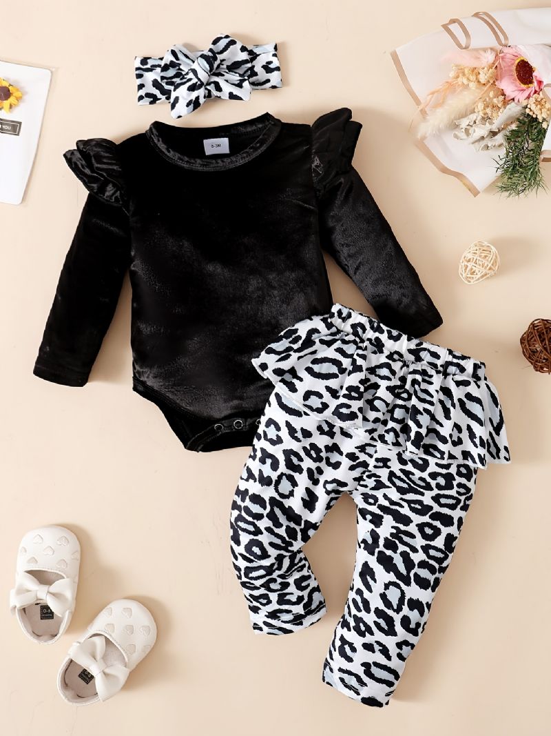 Bebis Flickor Fleece Onesie Romper Leopard Print Byxor Set För Höst / Vinter