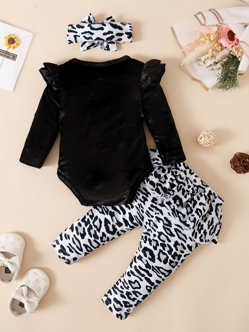 Bebis Flickor Fleece Onesie Romper Leopard Print Byxor Set För Höst / Vinter