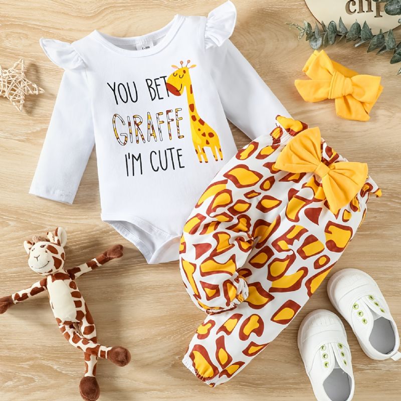 Bebis Flickor Girafftryck Volanger Ärm Romper + Byxor Set Bodysuit Onesie Bebiskläder