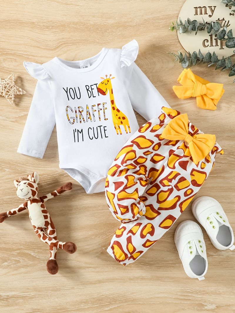 Bebis Flickor Girafftryck Volanger Ärm Romper + Byxor Set Bodysuit Onesie Bebiskläder