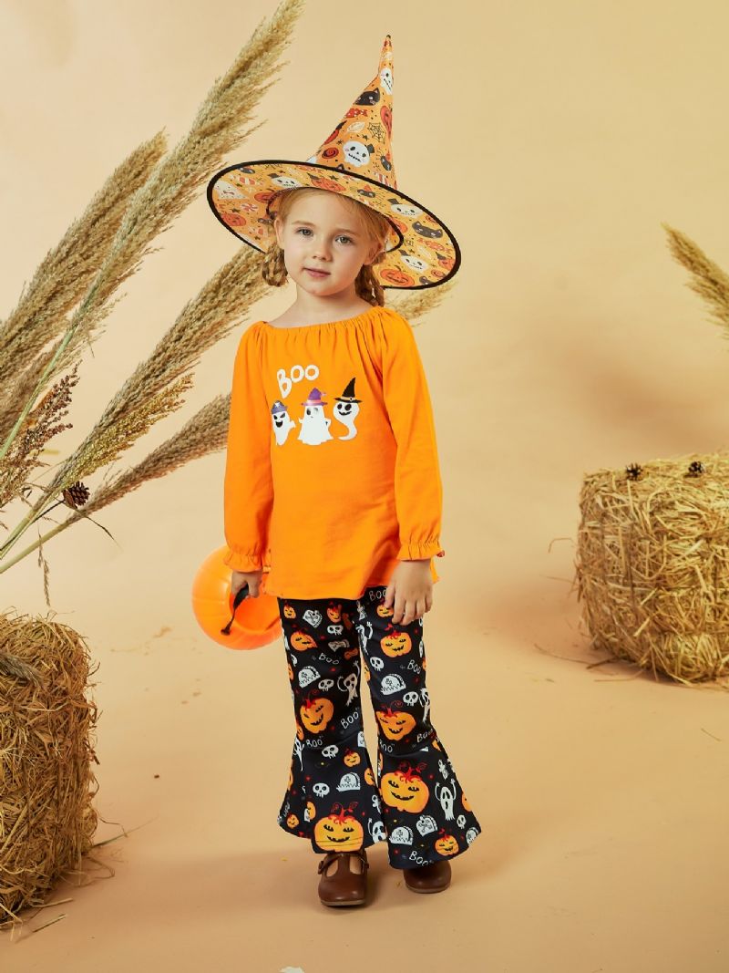 Bebis Flickor Halloween Byxor Set Långärmad Ghost Print Toppar Med Utsvängda Casual Outfit