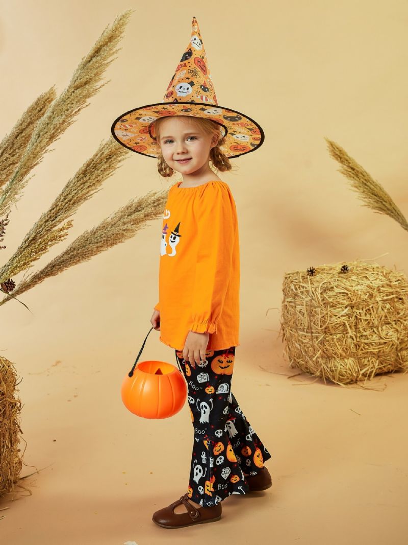 Bebis Flickor Halloween Byxor Set Långärmad Ghost Print Toppar Med Utsvängda Casual Outfit