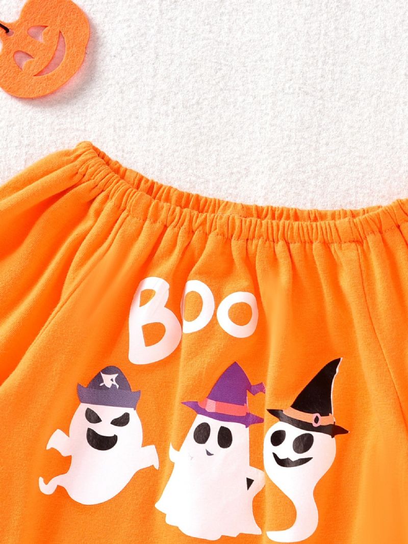 Bebis Flickor Halloween Byxor Set Långärmad Ghost Print Toppar Med Utsvängda Casual Outfit