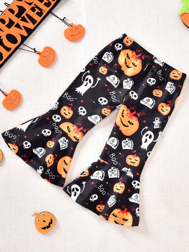 Bebis Flickor Halloween Byxor Set Långärmad Ghost Print Toppar Med Utsvängda Casual Outfit