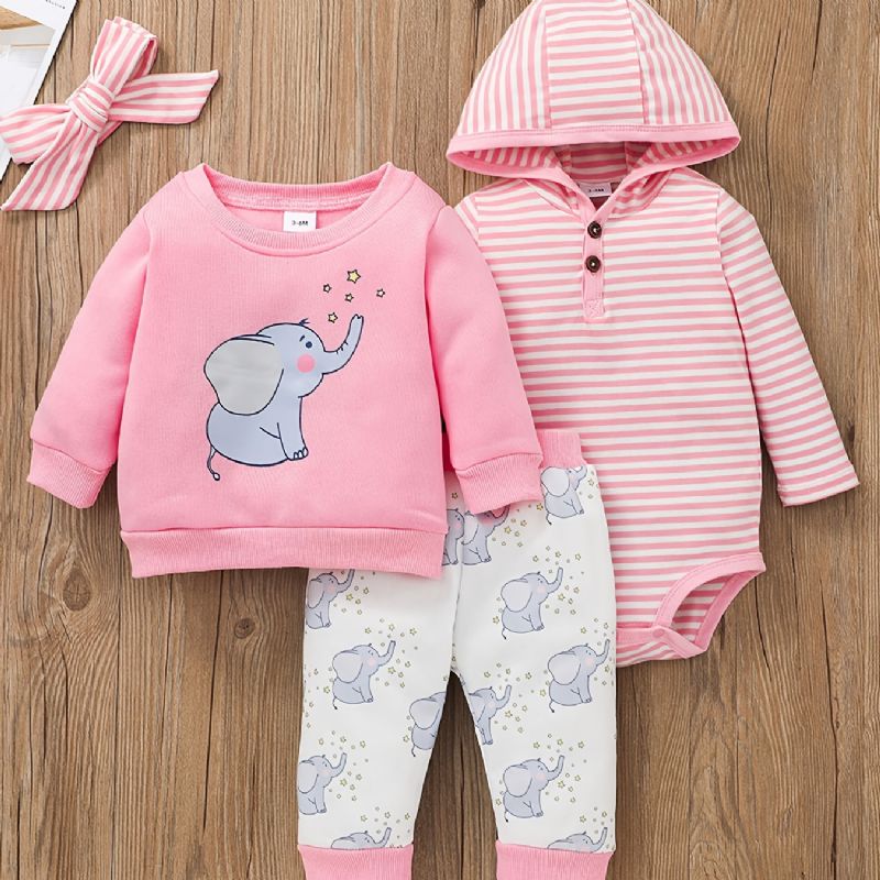 Bebis Flickor Hooded Bodysuit & Elephant Print Byxor & Sweatshirt Set För Höst Och Vinter Nytt