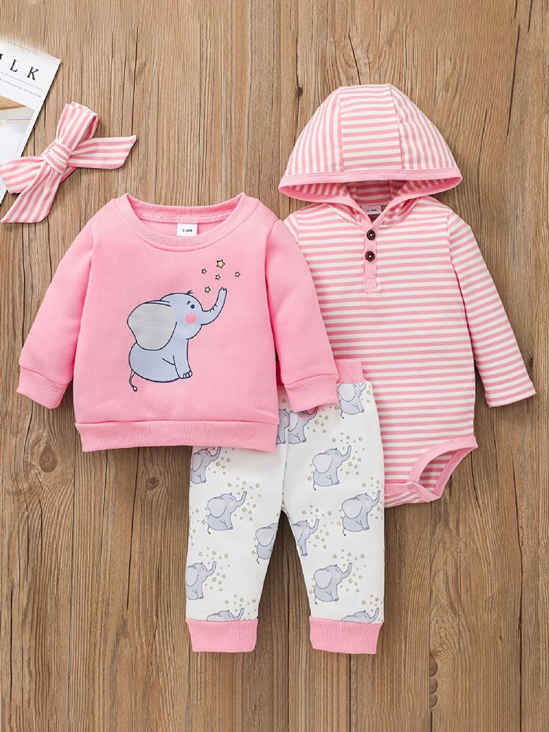 Bebis Flickor Hooded Bodysuit & Elephant Print Byxor & Sweatshirt Set För Höst Och Vinter Nytt