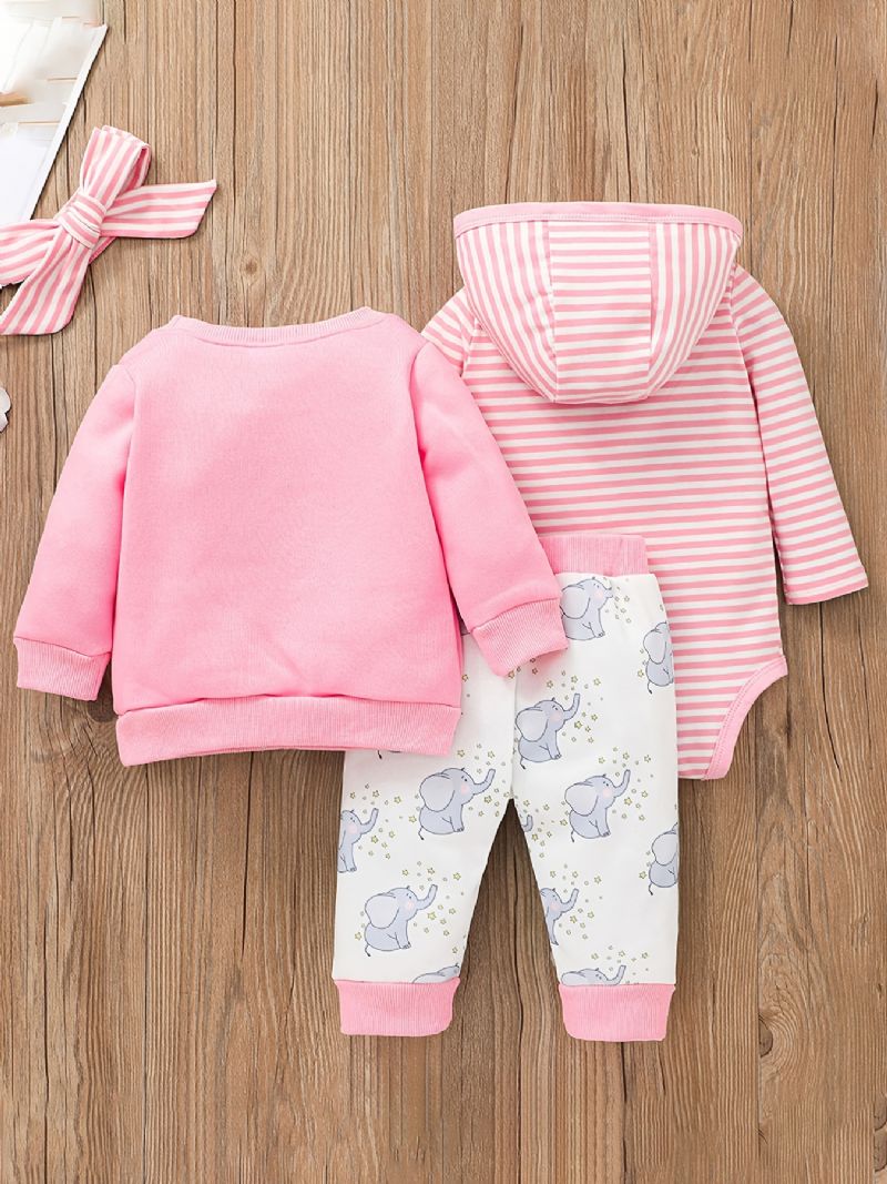 Bebis Flickor Hooded Bodysuit & Elephant Print Byxor & Sweatshirt Set För Höst Och Vinter Nytt