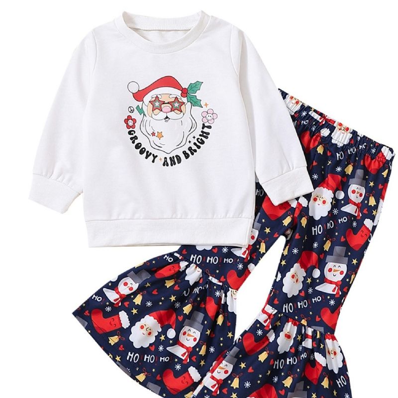 Bebis Flickor Juloutfit Långärmad Crew Neck Santa Claus Print Pullover & Flare Leg Byx Set Barnkläder