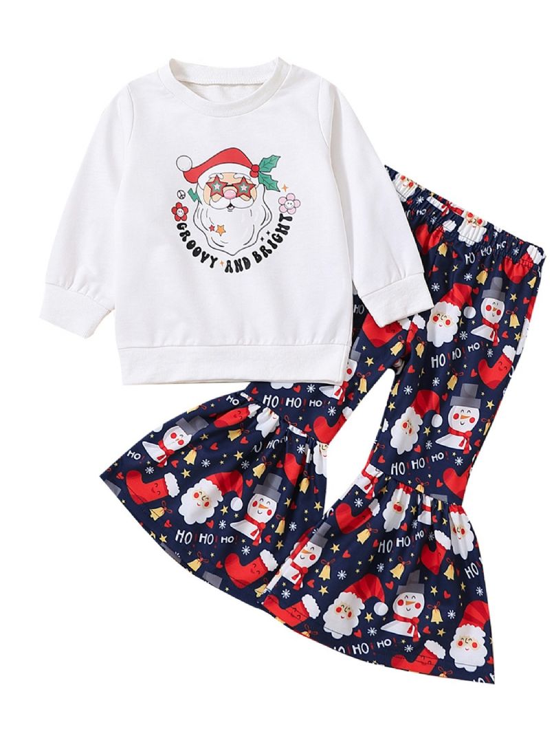 Bebis Flickor Juloutfit Långärmad Crew Neck Santa Claus Print Pullover & Flare Leg Byx Set Barnkläder