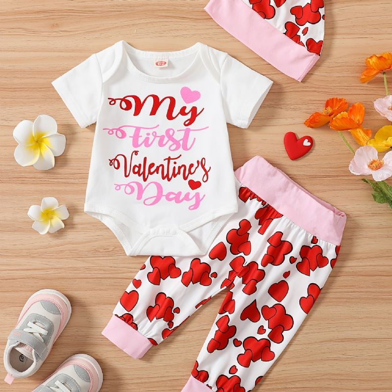 Bebis Flickor Kortärmad Romper + Matchande Hjärttryck + Hatt Set Bodysuit Onesie Bebiskläder Layette Set