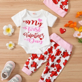 Bebis Flickor Kortärmad Romper + Matchande Hjärttryck + Hatt Set Bodysuit Onesie Bebiskläder Layette Set