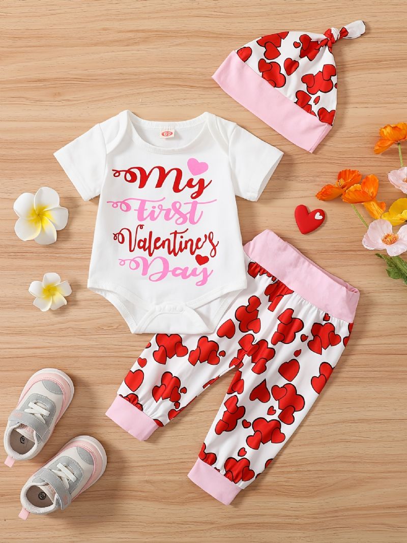 Bebis Flickor Kortärmad Romper + Matchande Hjärttryck + Hatt Set Bodysuit Onesie Bebiskläder Layette Set