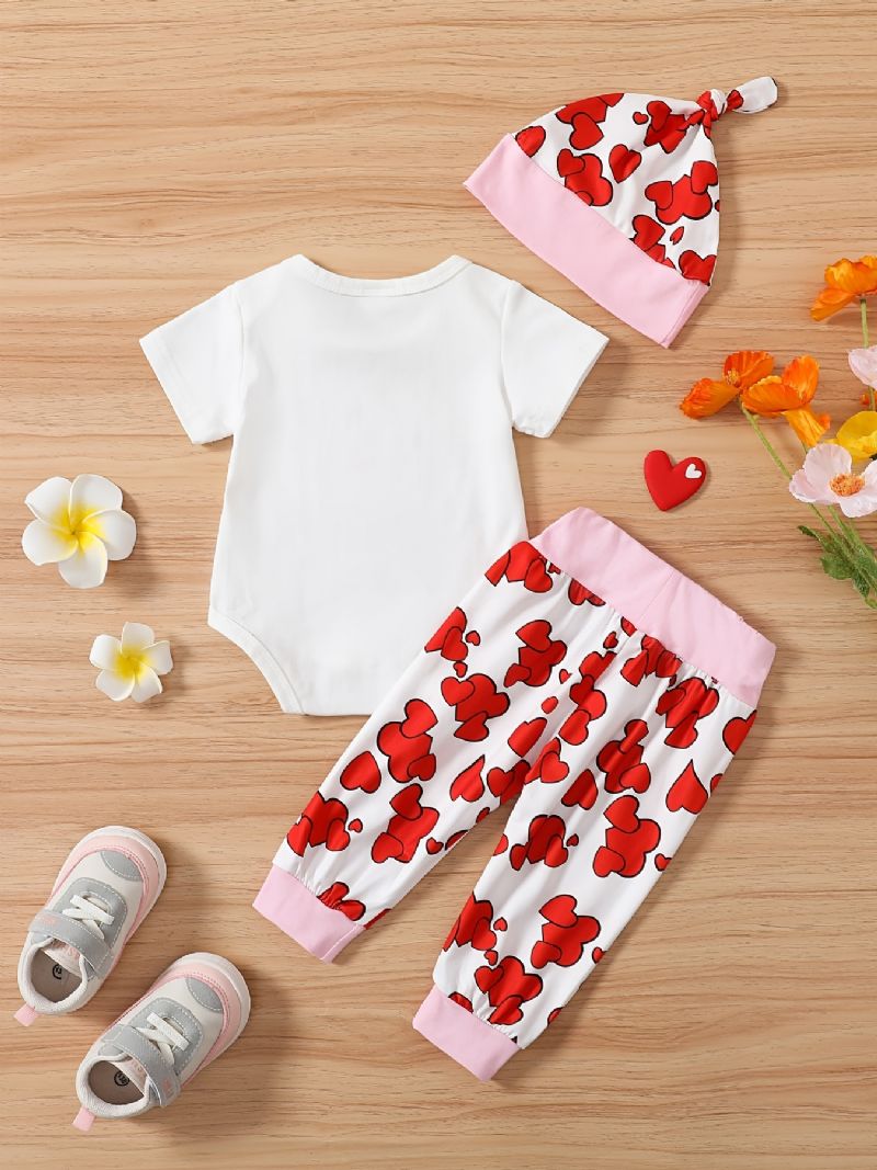 Bebis Flickor Kortärmad Romper + Matchande Hjärttryck + Hatt Set Bodysuit Onesie Bebiskläder Layette Set