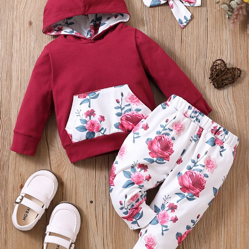 Bebis Flickor Långärmad Blommig Hoodie & Matchande Byxor & Pannband Outfit Set Kläder