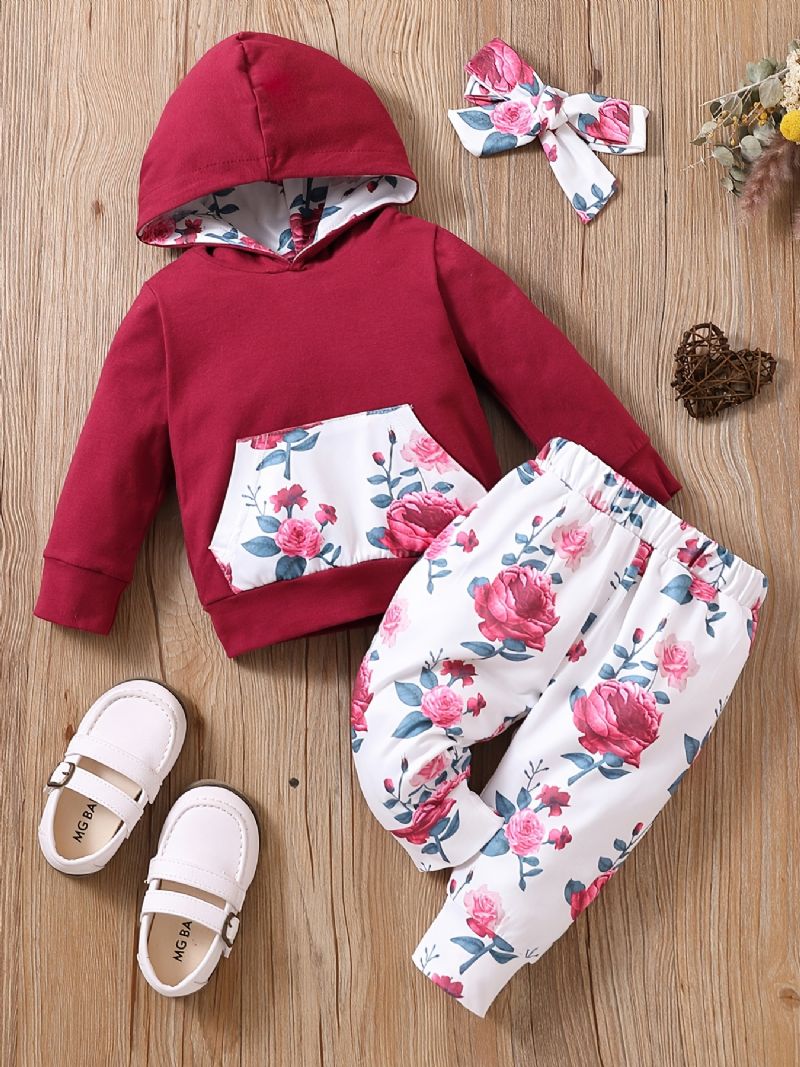 Bebis Flickor Långärmad Blommig Hoodie & Matchande Byxor & Pannband Outfit Set Kläder