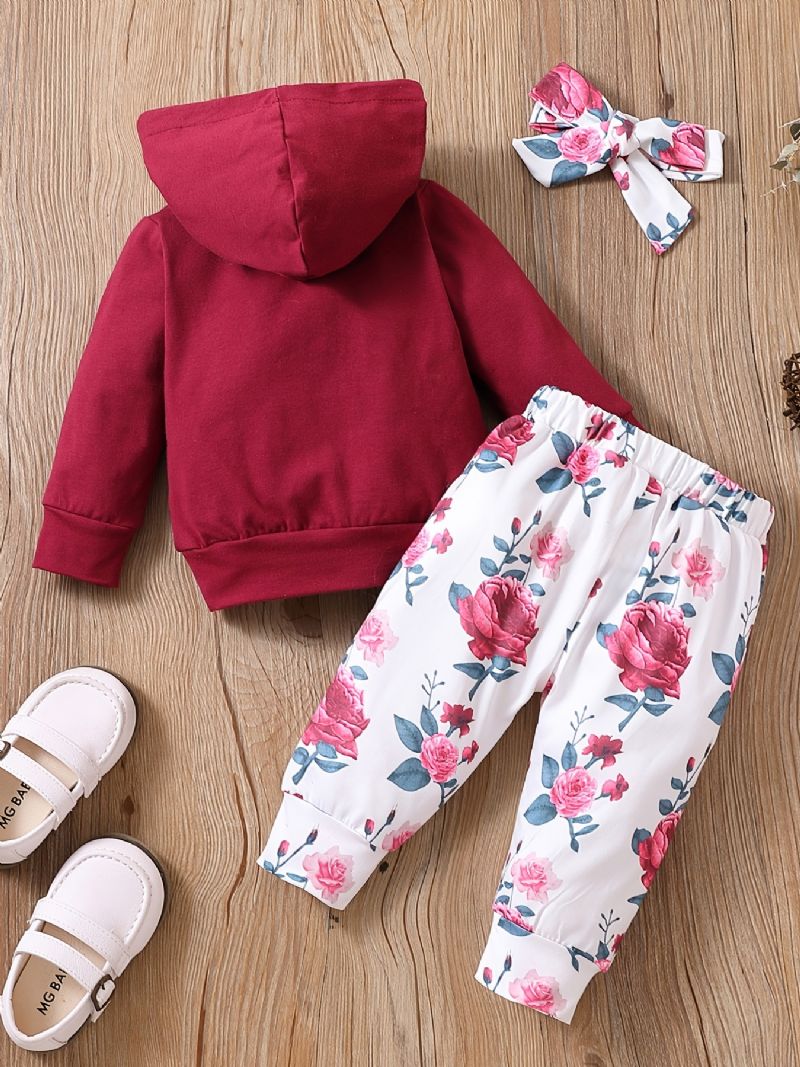 Bebis Flickor Långärmad Blommig Hoodie & Matchande Byxor & Pannband Outfit Set Kläder