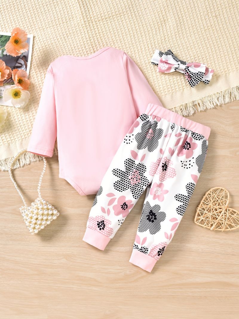 Bebis Flickor Långärmad Bodysuit Onesie & Blommiga Byxor & Pannband Set