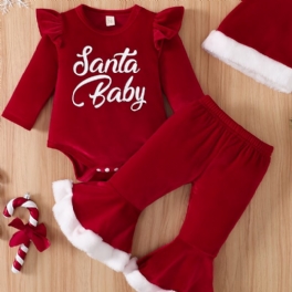 Bebis Flickor Långärmad Bodysuit & Utsvängda Byxor & Hatt Set Newborn Set För Jul Bebiskläder