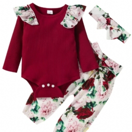 Bebis Flickor Långärmad Outfit Crewneck Ribbade Volanger Bodysuits Romper + Blommönster Byxor Kostym + Pannband Set Spädbarn Kläder